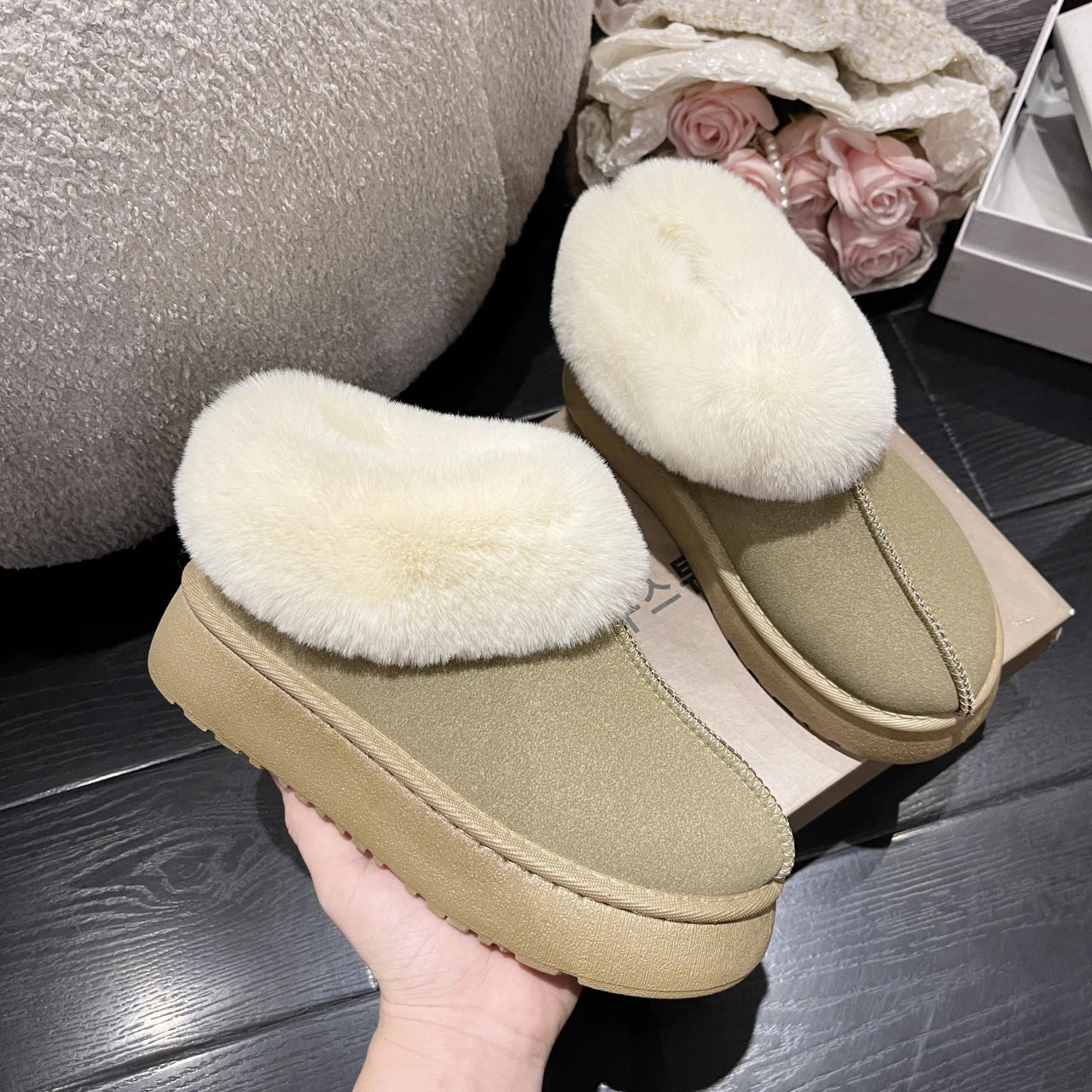 Ashore Shop Women Slippers Micro Suede Fuzzy Shearling Lining Ankle Moccasin Bootie