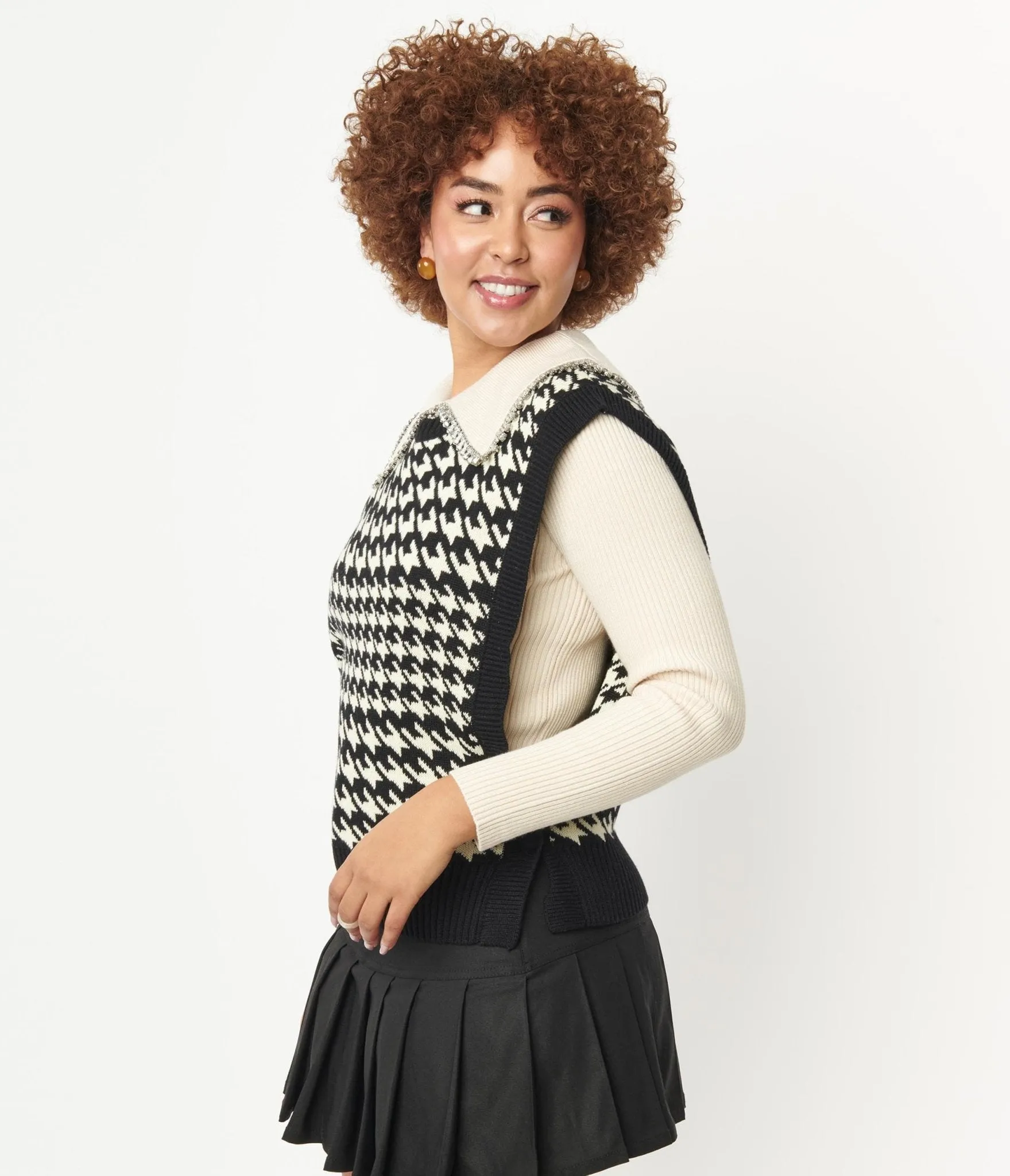 Black & Cream Houndstooth Sweater Vest