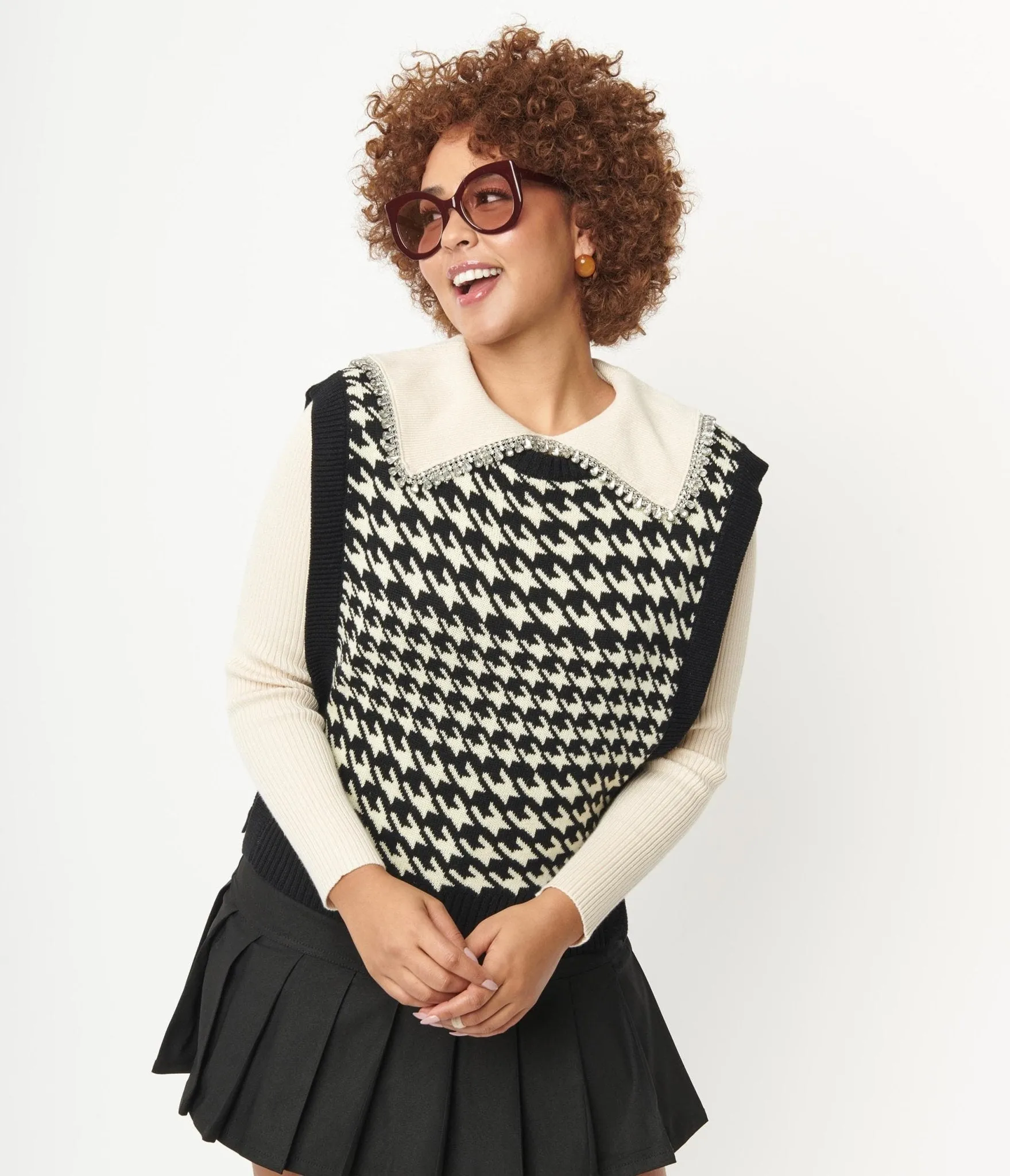 Black & Cream Houndstooth Sweater Vest