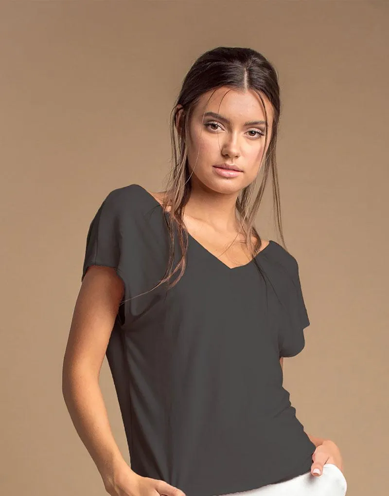 Black Sleeveless Tie Back V Neck Top