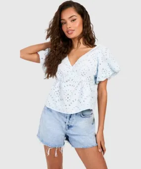 boohoo Womens Embroidery Frill Shoulder Top