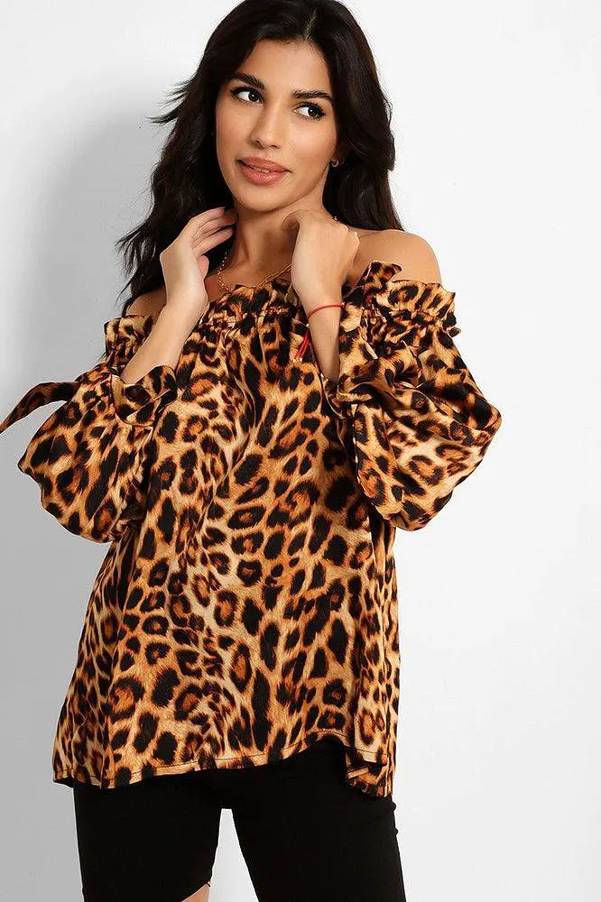 Brown Leopard Print Elastic Off Shoulder Top