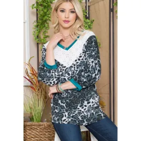 Celeste Full Size Animal Print Eyelet V-Neck Top