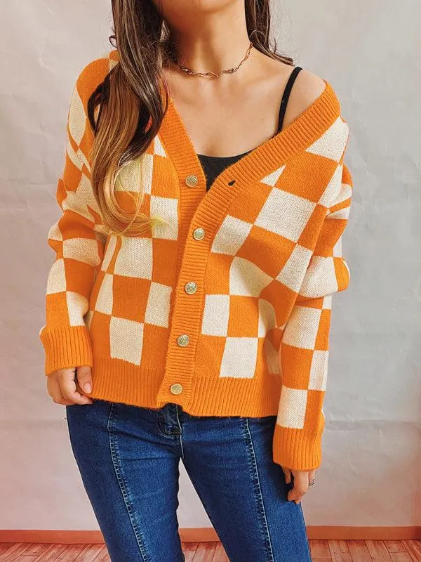 Checkerboard Contrast Women Cardigan Sweater