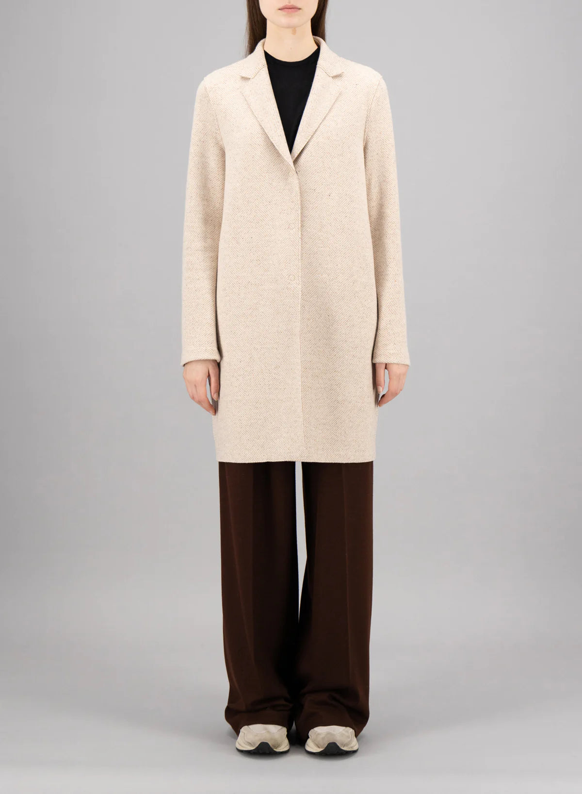 Cocoon Coat Patterned Cashmere - Cream Herringbone