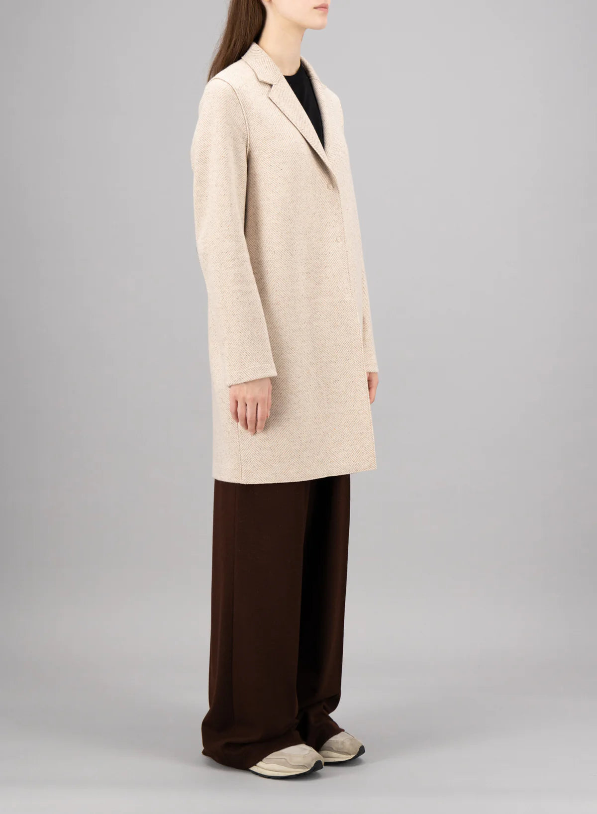 Cocoon Coat Patterned Cashmere - Cream Herringbone