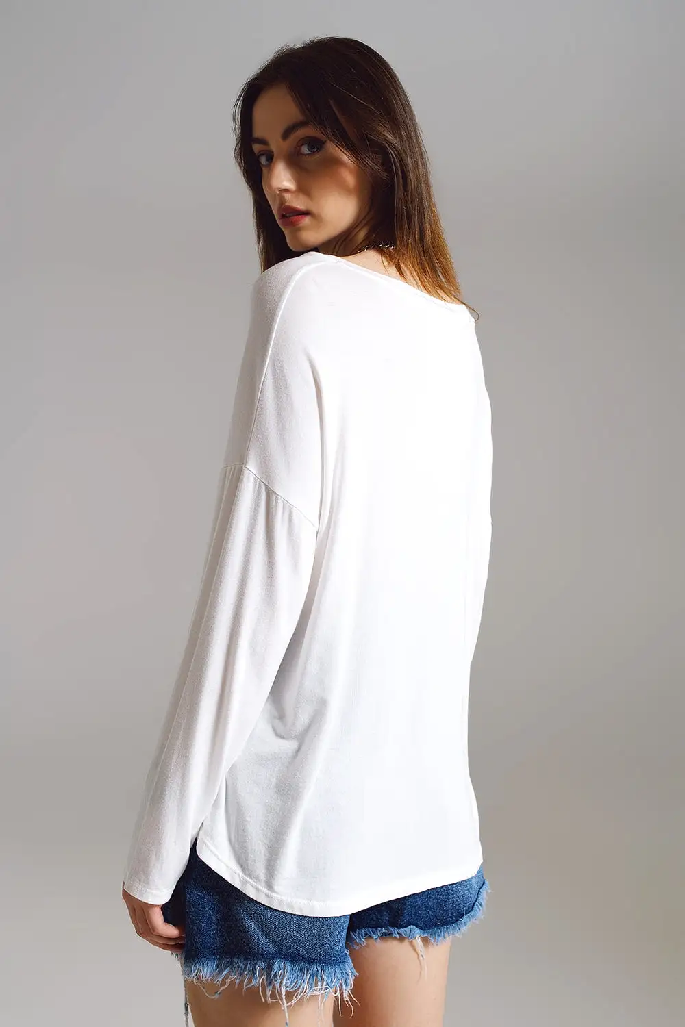 Cream Long Sleeve V-Neck Top in Modal