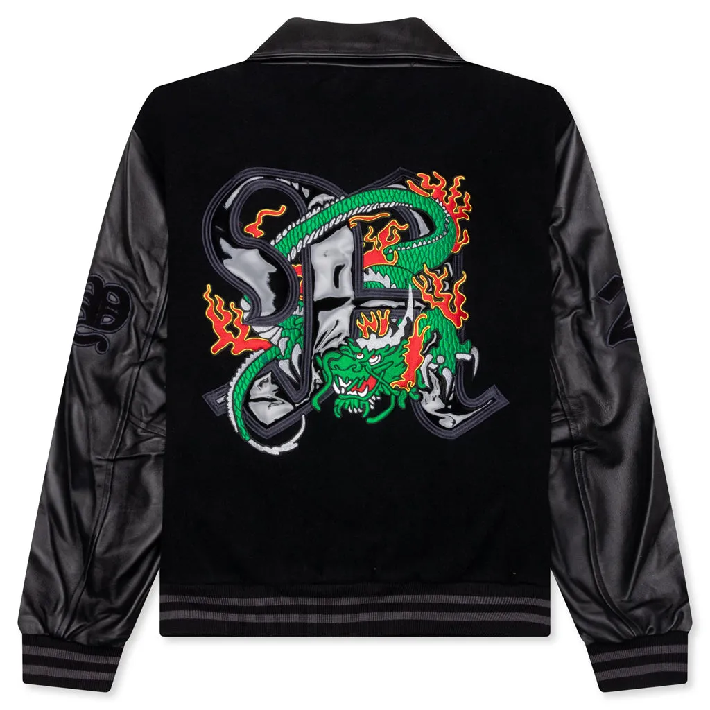 Dragon Embroidered Varsity Jacket - Black