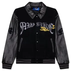 Dragon Embroidered Varsity Jacket - Black