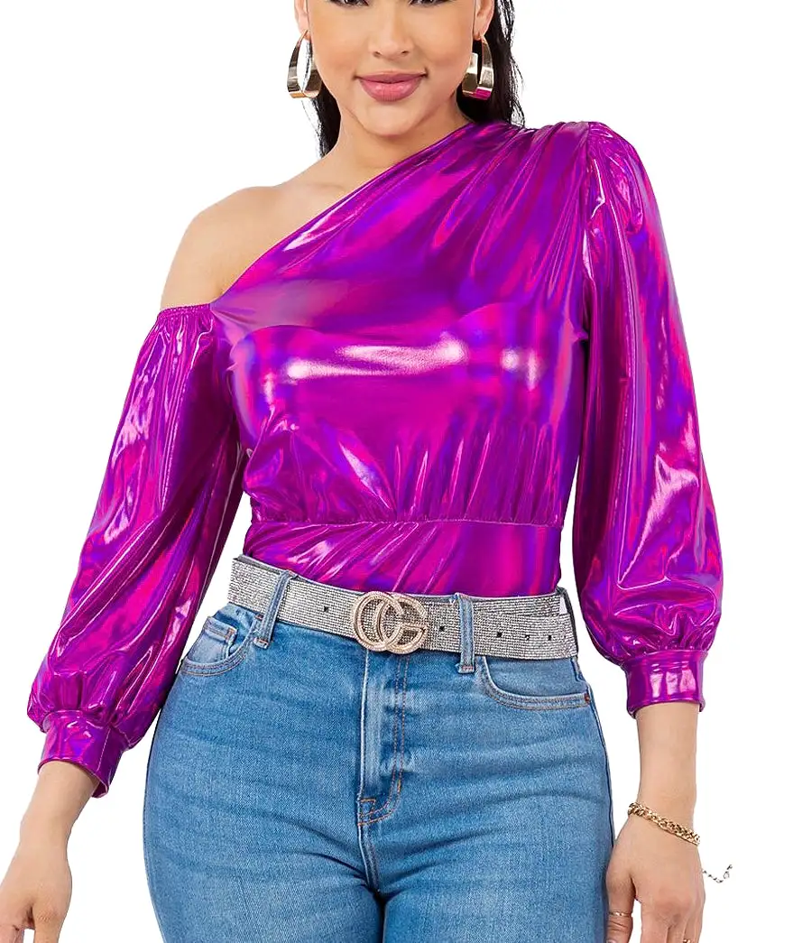 DT14034 Asymmetrical fuchsia off shoulder top