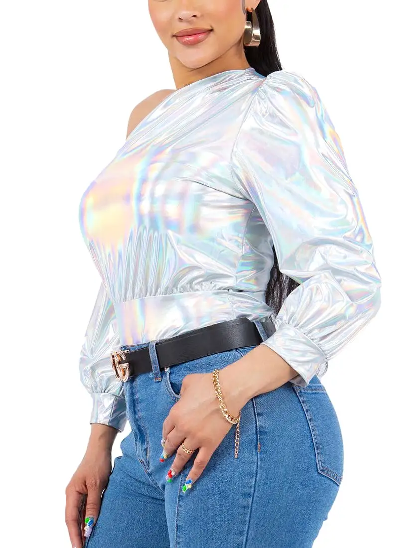 DT14034 Asymmetrical silver off shoulder top