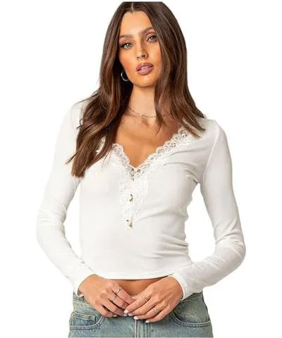 Edikted Women's Madeline Lace Trim Ribbed Top