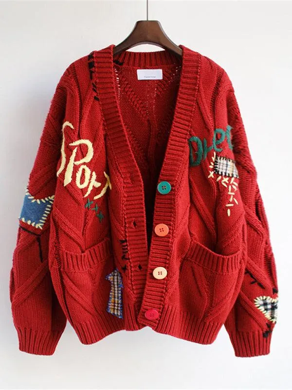 Embroidered Loose Cropped Cardigan Sweater