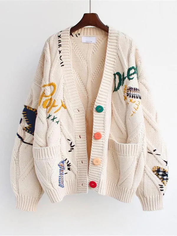 Embroidered Loose Cropped Cardigan Sweater