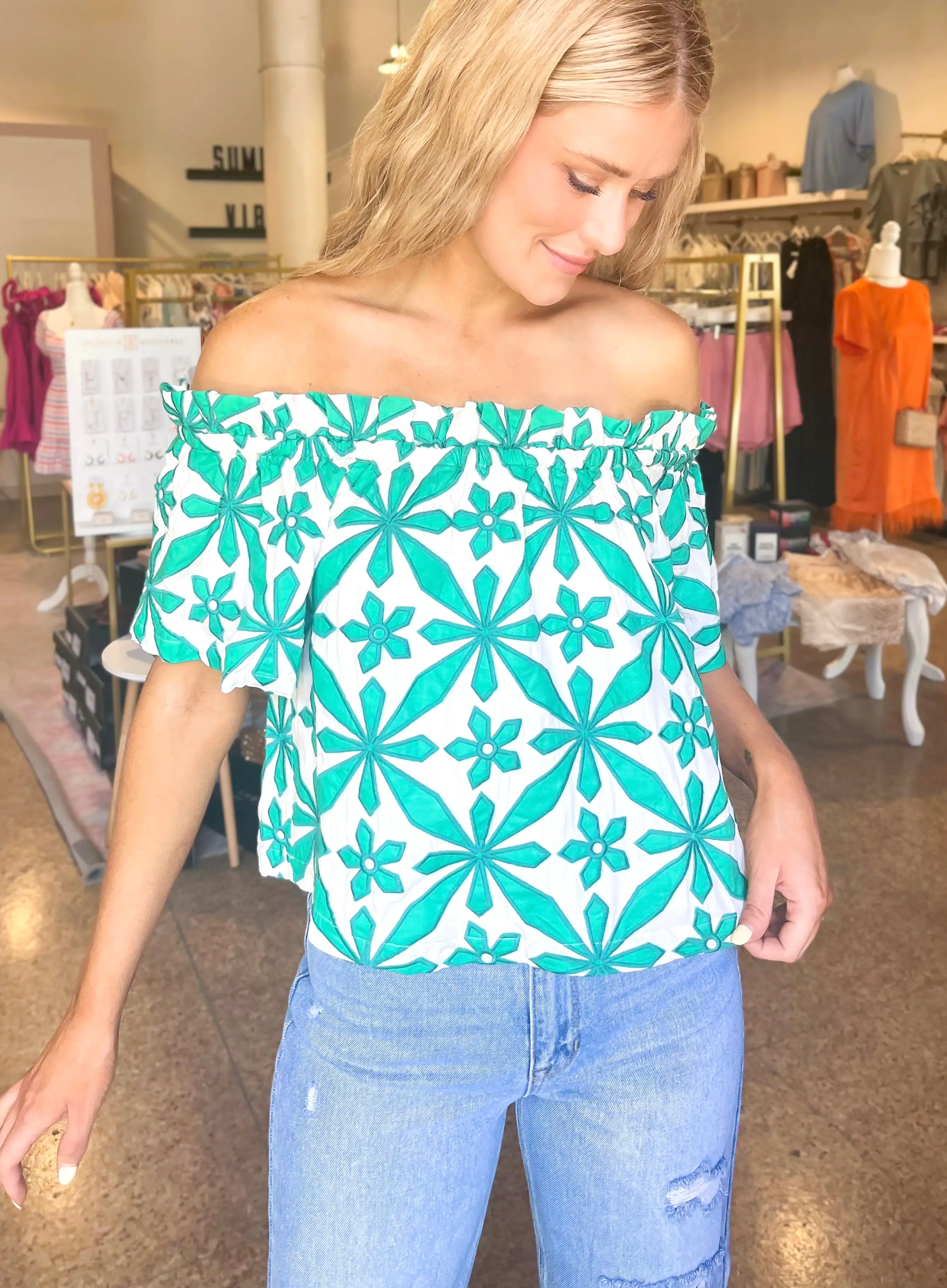 Embroidered Off Shoulder Top - Green