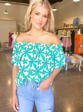 Embroidered Off Shoulder Top - Green