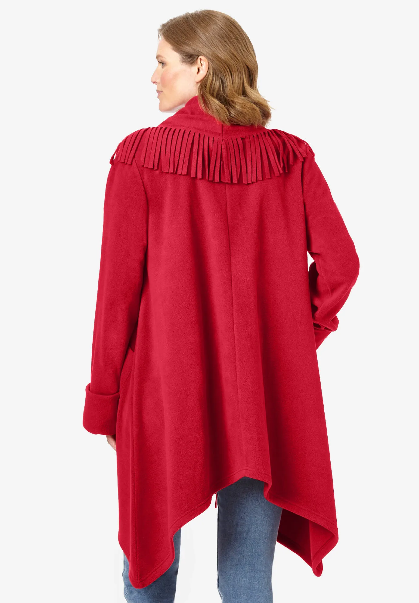 Fringed Shawl Collar Fleece Jacket