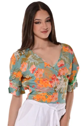 Ladies Cross-over V-neck Top w/Floral Print- LRB1712