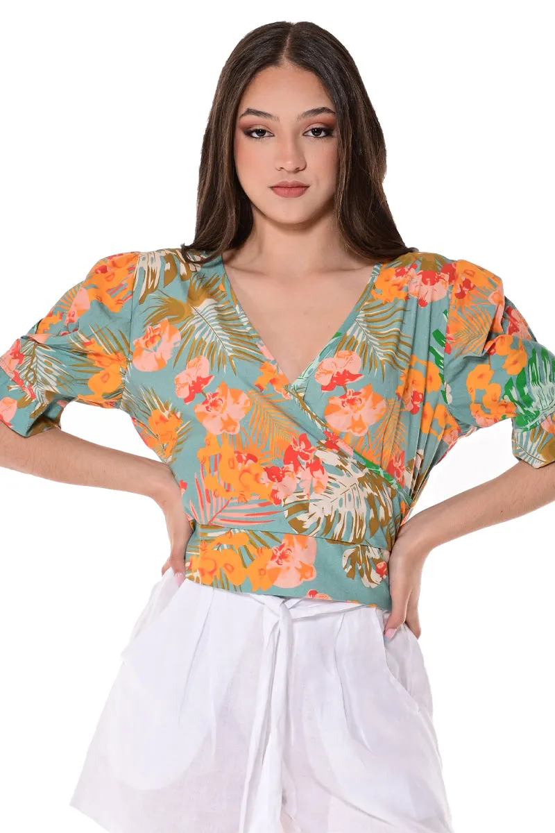 Ladies Cross-over V-neck Top w/Floral Print- LRB1712