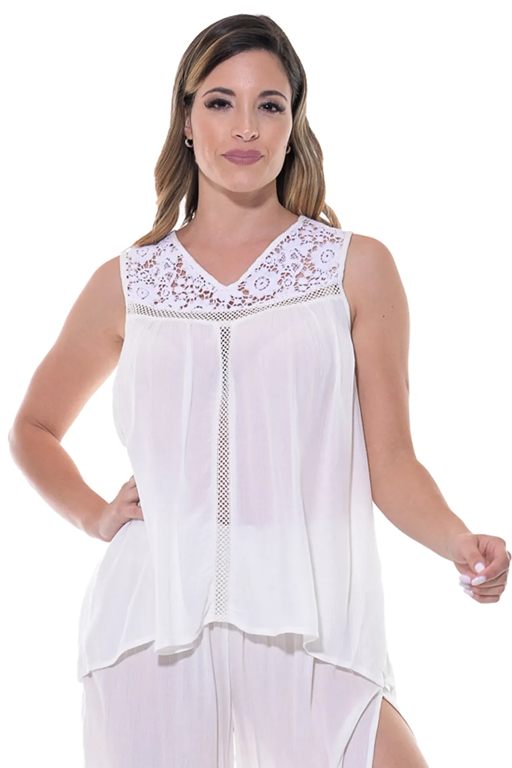 Ladies Sleeveless V-neck Top w/Lace Detail Neck by Azucar