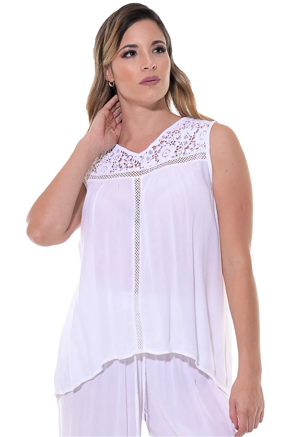 Ladies Sleeveless V-neck Top w/Lace Detail Neck by Azucar