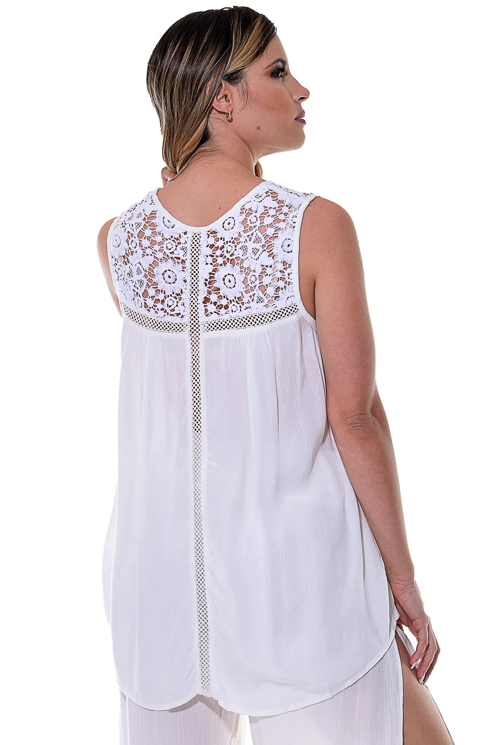 Ladies Sleeveless V-neck Top w/Lace Detail Neck by Azucar