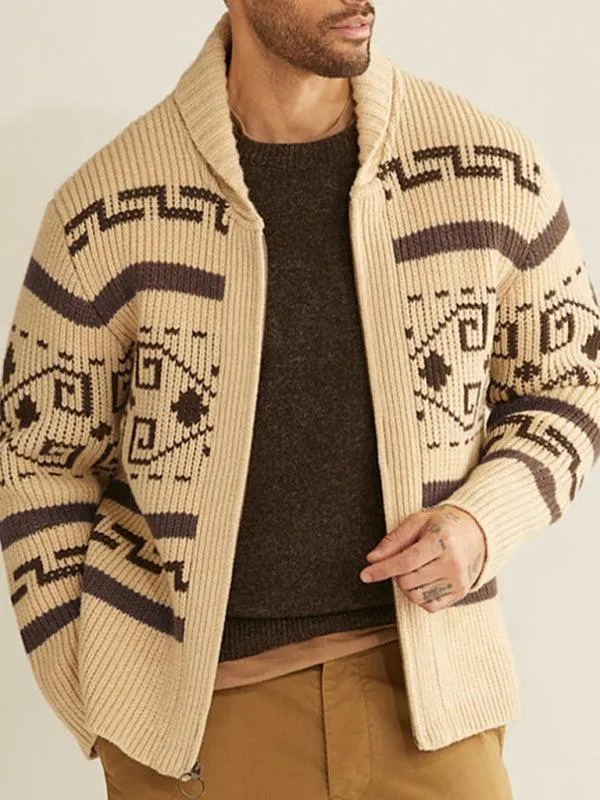 Lapel Jacquard Men Cardigan Sweater