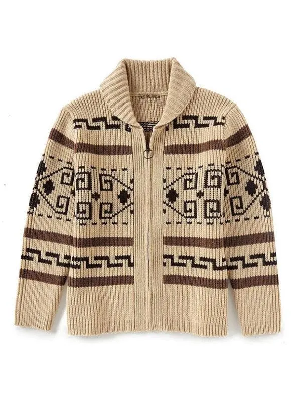 Lapel Jacquard Men Cardigan Sweater