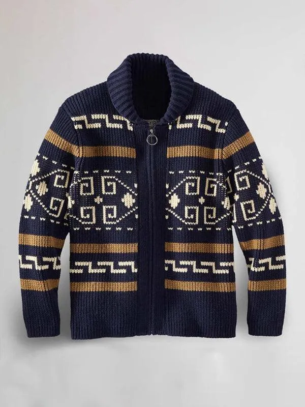 Lapel Jacquard Men Cardigan Sweater