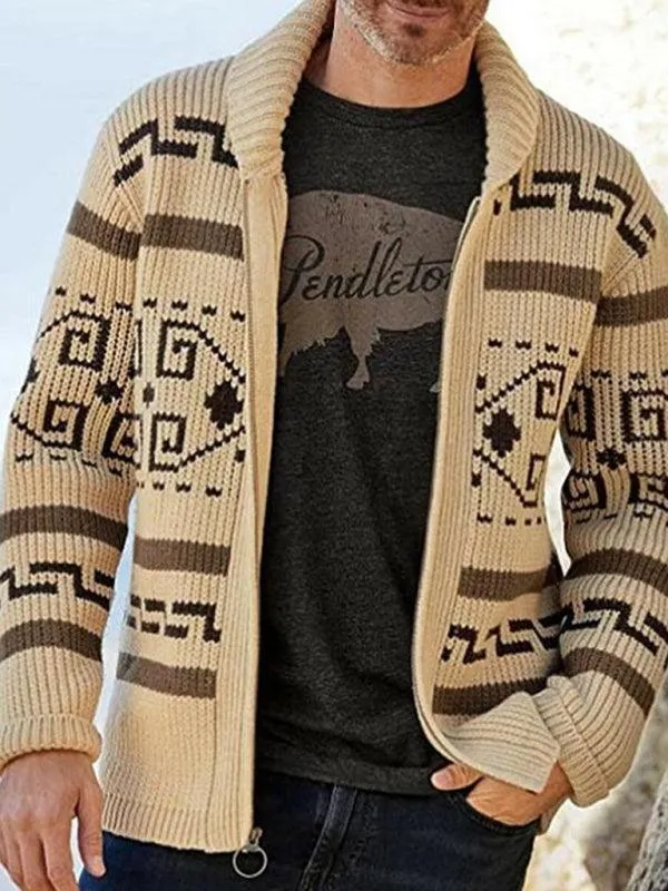 Lapel Jacquard Men Cardigan Sweater