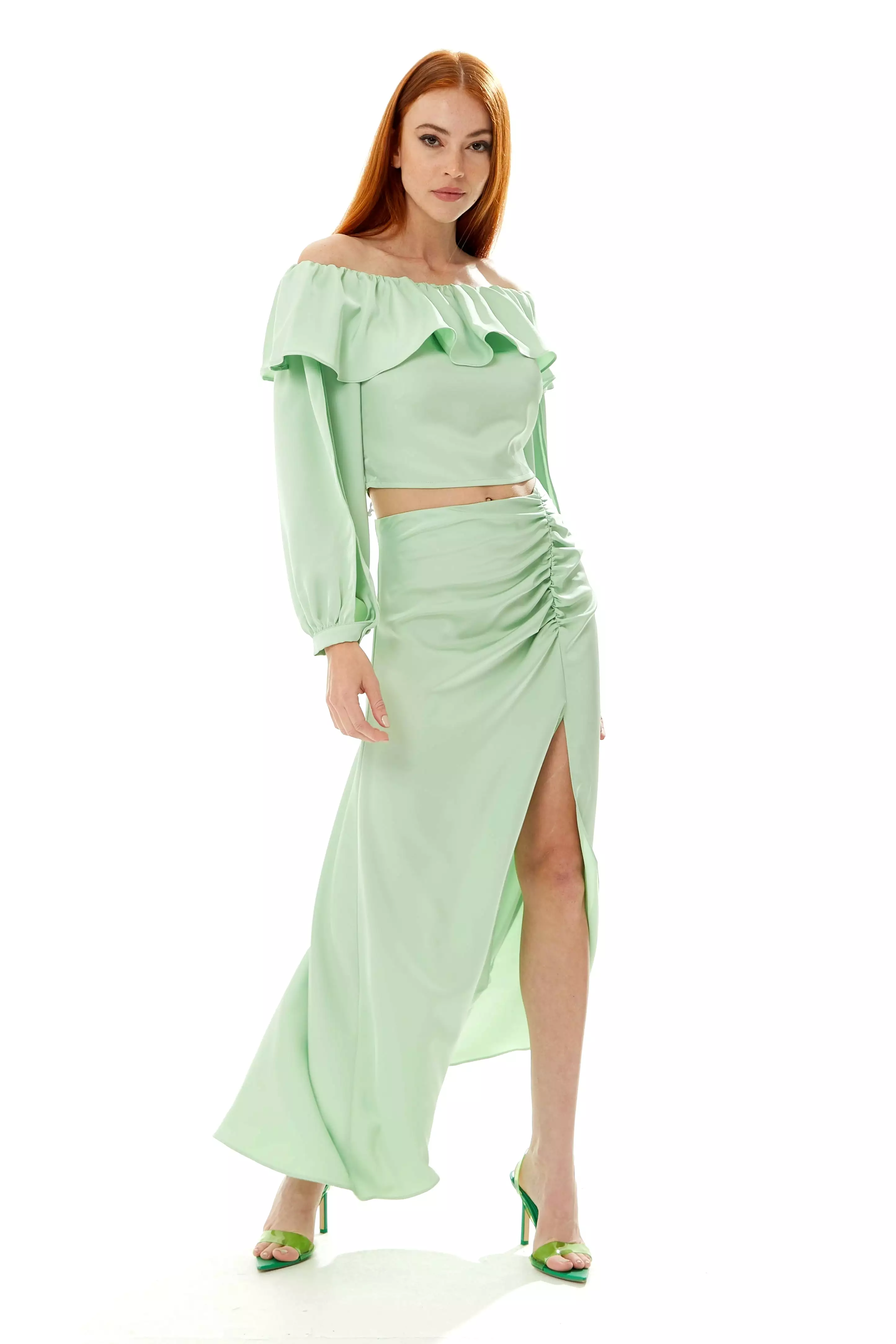 Liquorish Ruffle Long Sleeve Off The Shoulder Top Mint