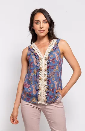 M Made in Italy - Pom-Pom Lace-Trim V-Neck Top