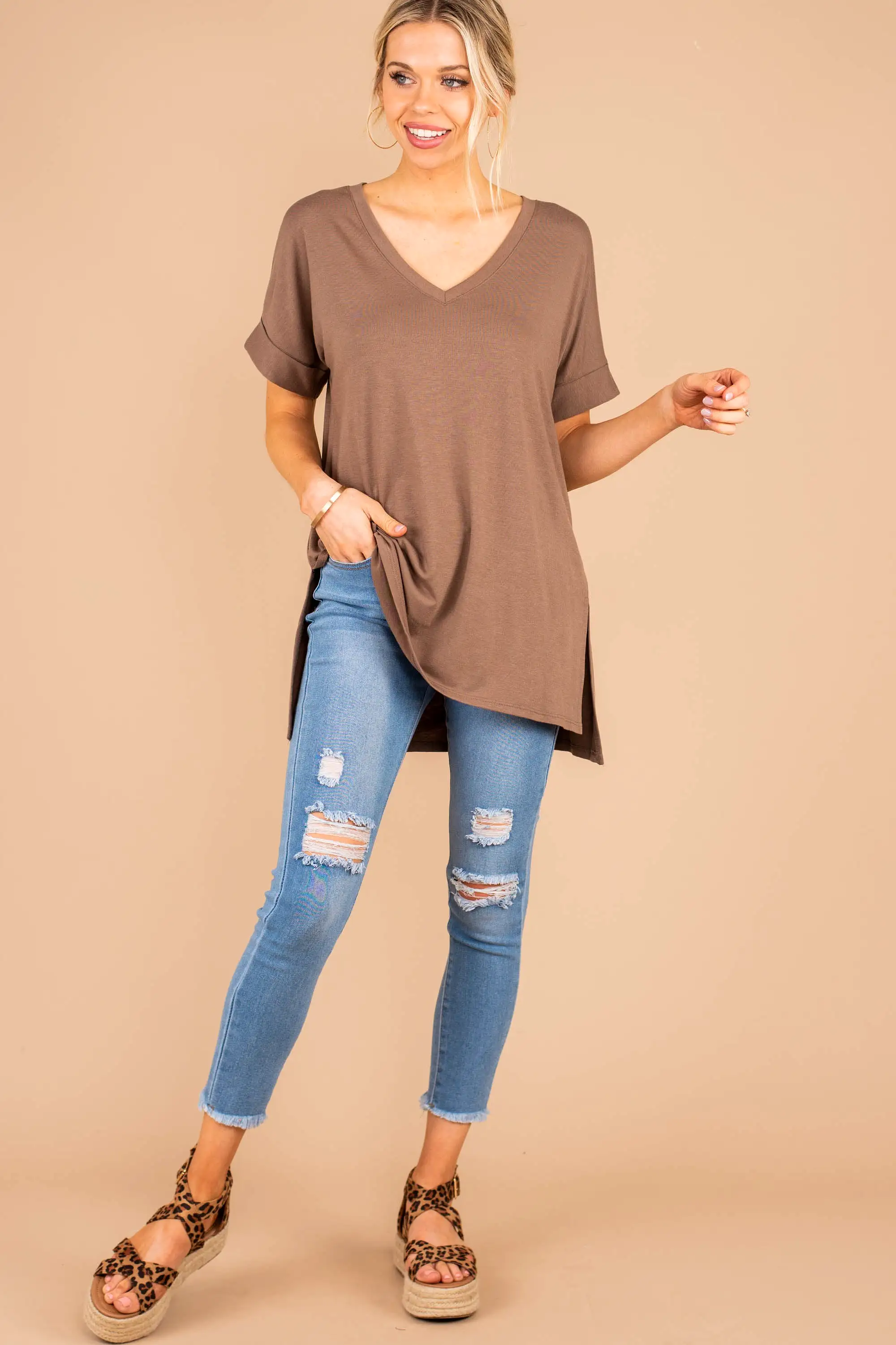 Make Your Life Easy Mocha Brown V-Neck Top