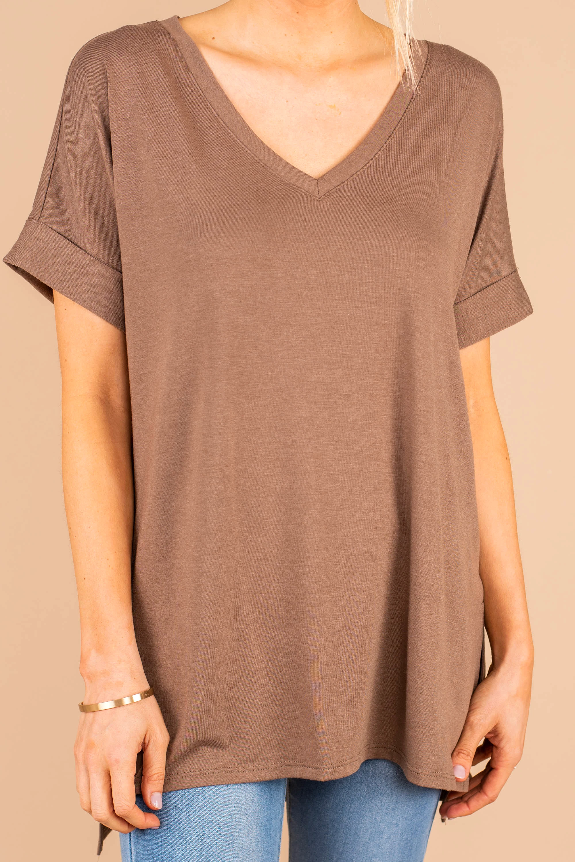 Make Your Life Easy Mocha Brown V-Neck Top