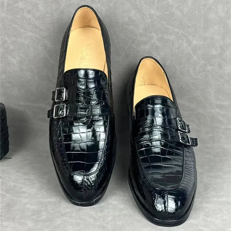 Men's Business Style Black Genuine Leather Buckle Strap Loafers