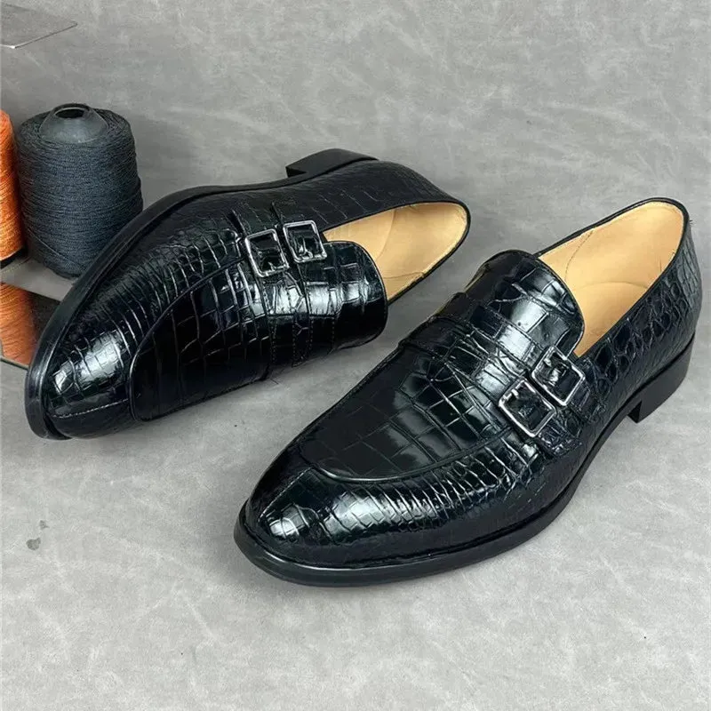 Men's Business Style Black Genuine Leather Buckle Strap Loafers