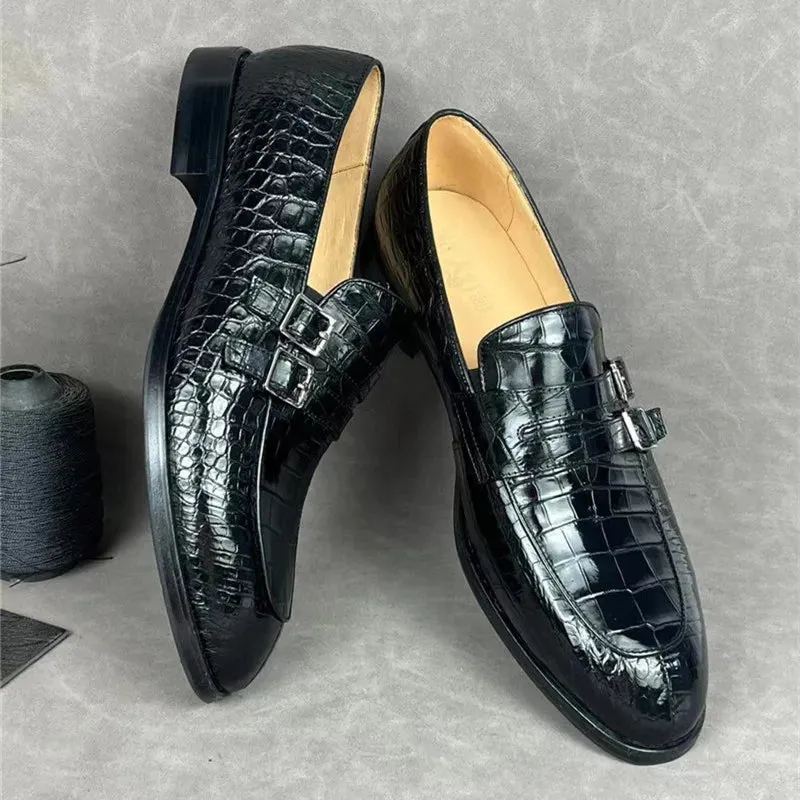 Men's Business Style Black Genuine Leather Buckle Strap Loafers