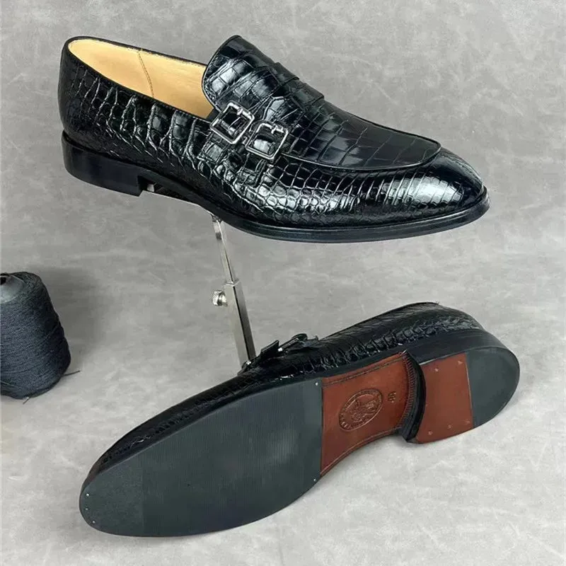 Men's Business Style Black Genuine Leather Buckle Strap Loafers