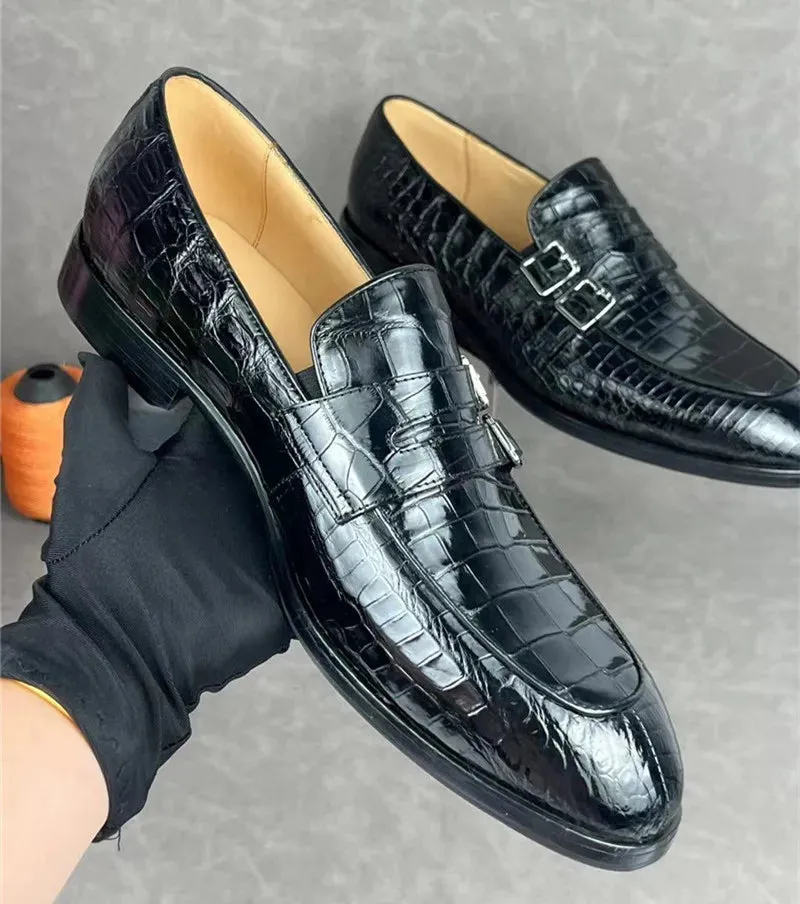 Men's Business Style Black Genuine Leather Buckle Strap Loafers