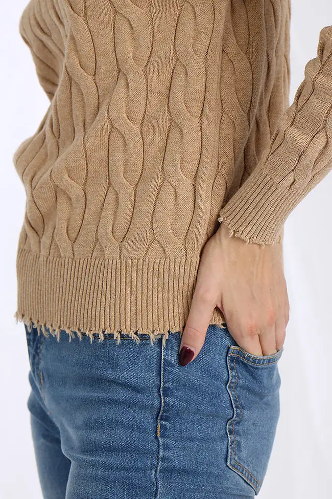 Minnie Rose Cotton Cable Frayed Crew Sweater