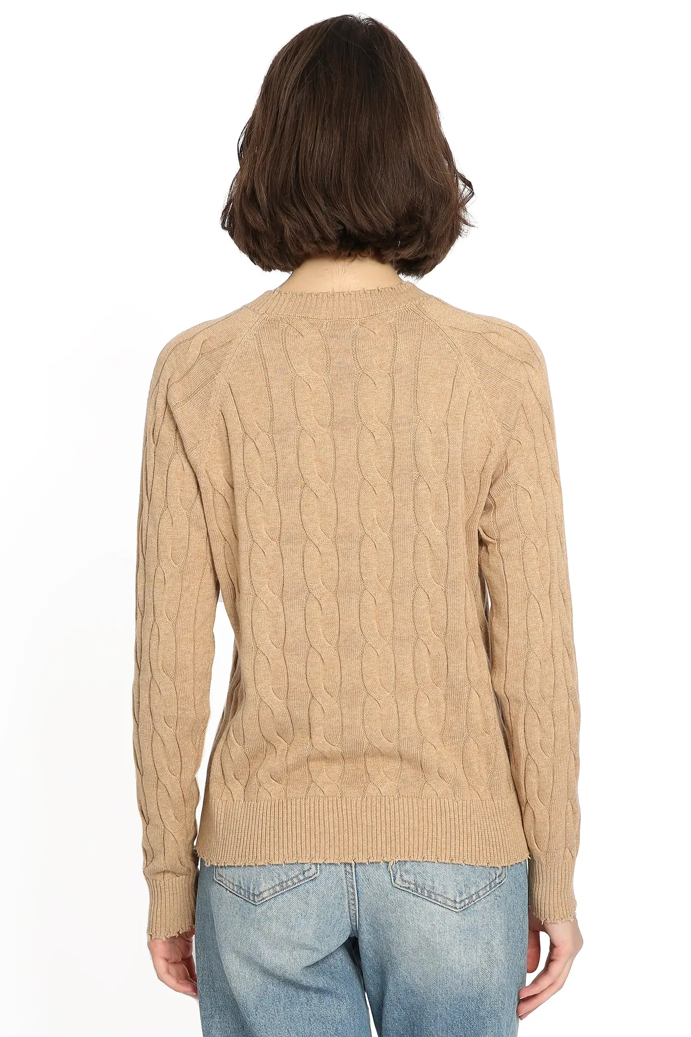 Minnie Rose Cotton Cable Frayed Crew Sweater