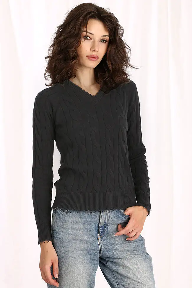 Minnie Rose Cotton Frayed Cable V Sweater