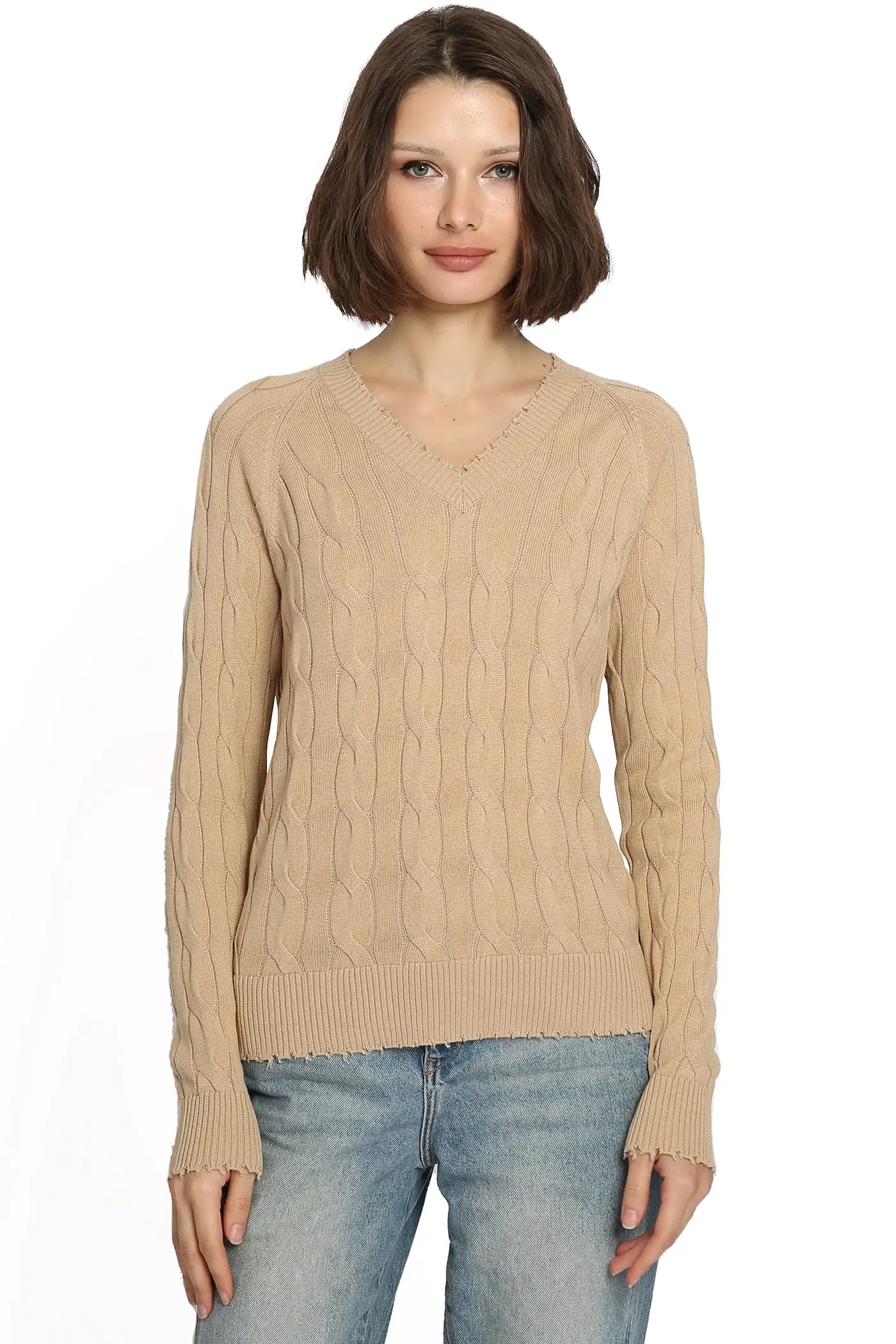 Minnie Rose Cotton Frayed Cable V Sweater