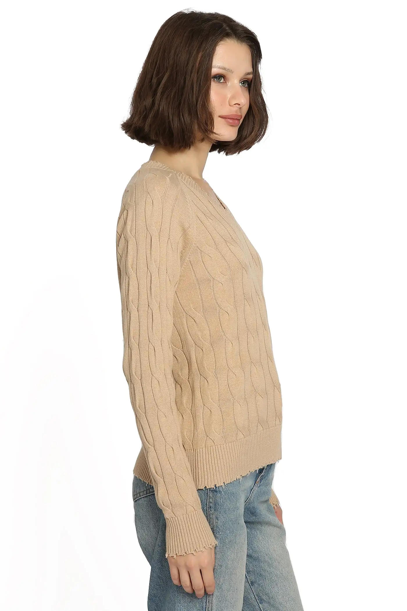 Minnie Rose Cotton Frayed Cable V Sweater