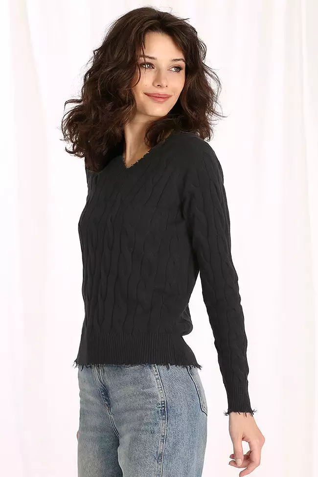 Minnie Rose Cotton Frayed Cable V Sweater