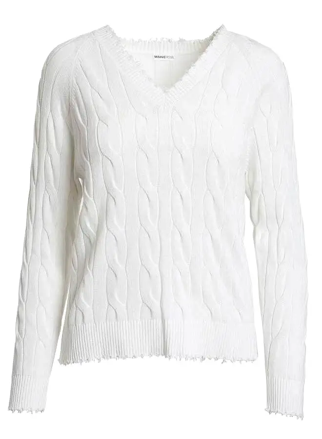 Minnie Rose Cotton Frayed Cable V Sweater