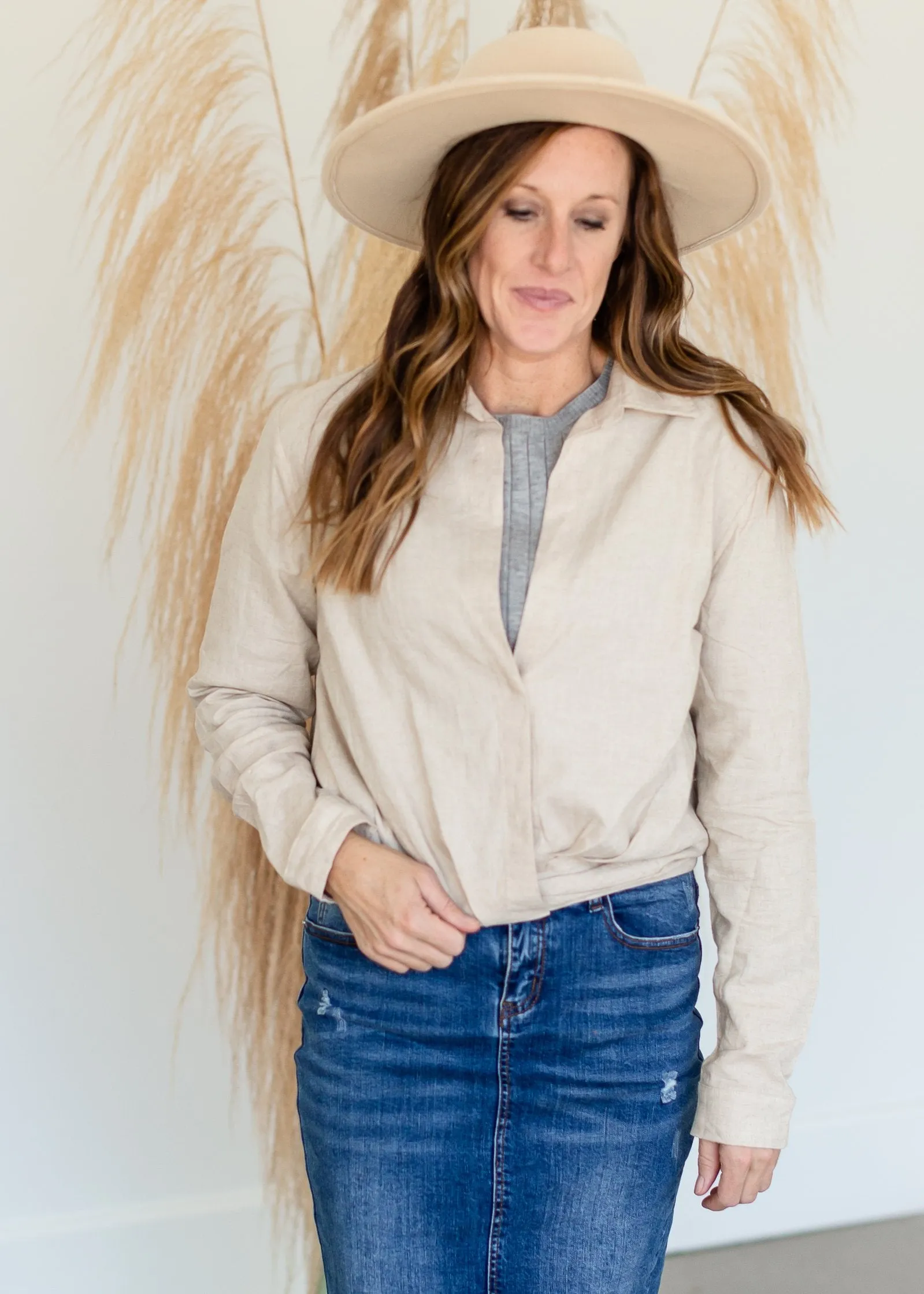 Natural Pleated V-Neck Top - FINAL SALE