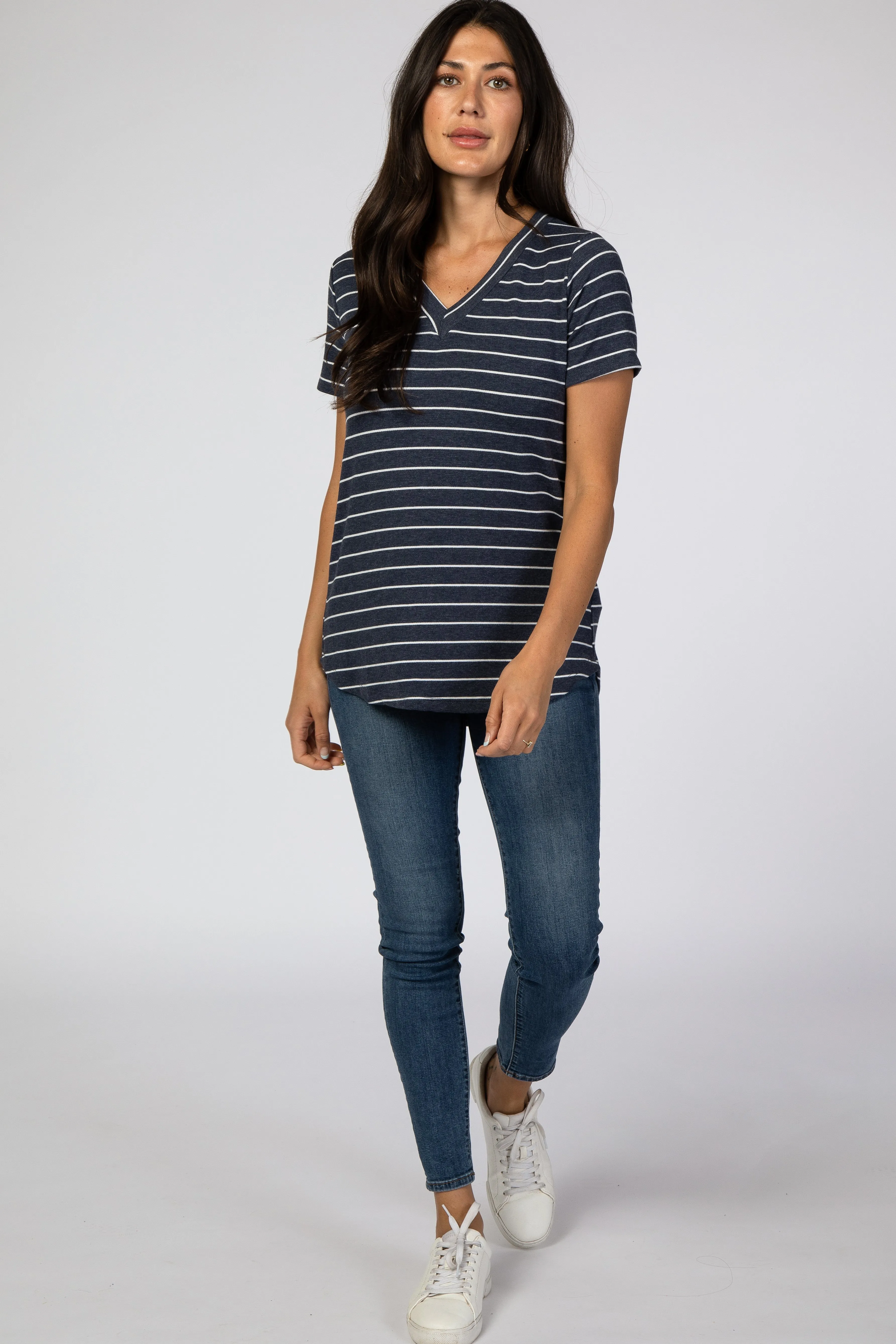 Navy Blue Striped V-Neck Top