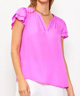 Neck Trim Detail Short Sleeve Top - Rose Violet