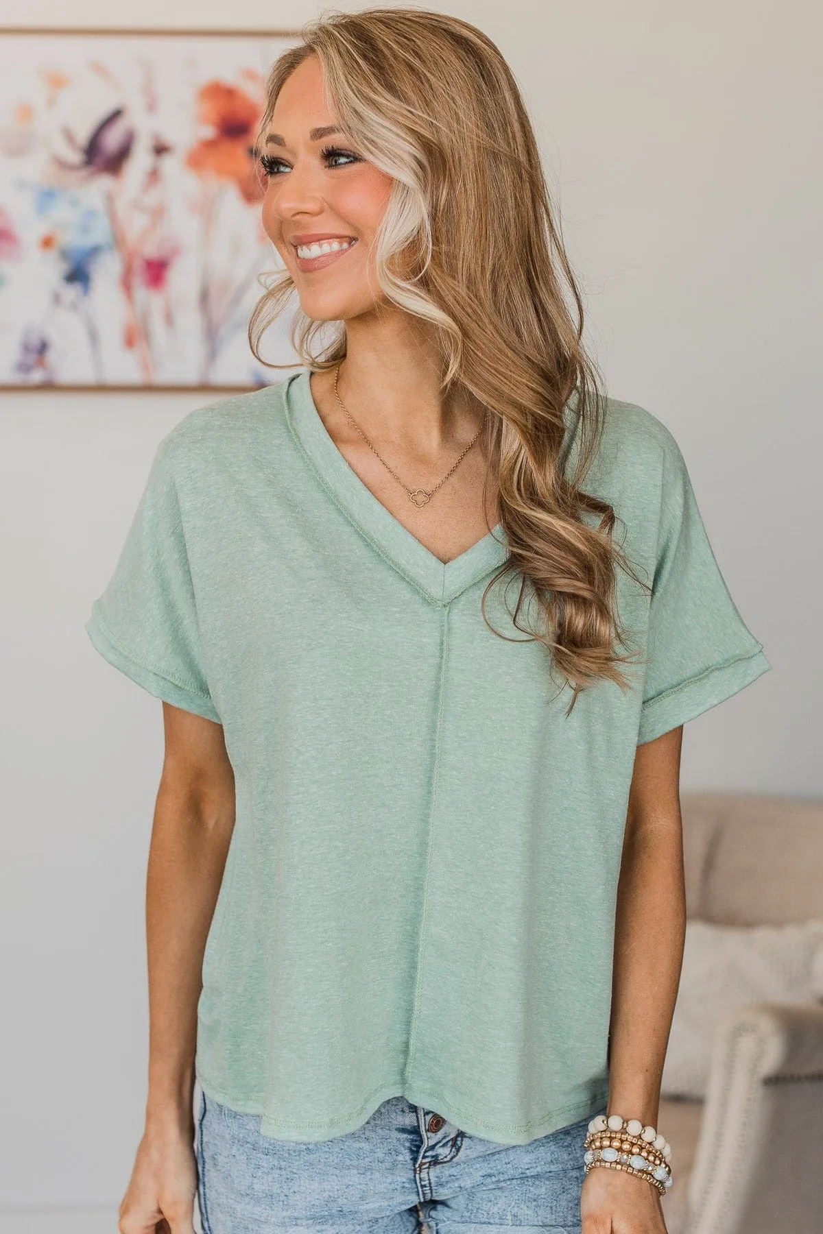 New Possibilities V-Neck Top- Sage